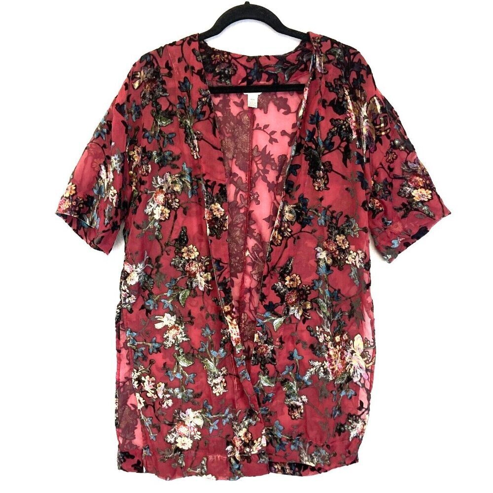Womens Velvet Burnout Cardigan XS Small‎ Open Boho Red Dark Floral Asian Sheer